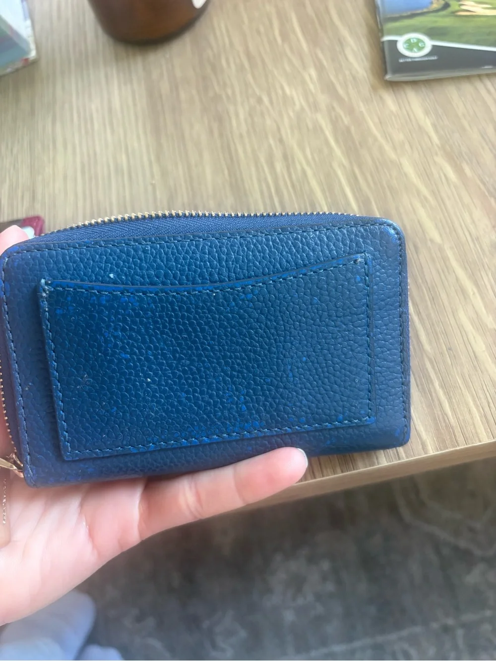 Michael Kors Pebbled Navy Leather Zip Card Holder with Gold Logo